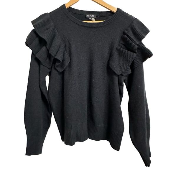 1.State women's black crew neck long sleeve ruffle sweater‎ size Small - Picture 1 of 5